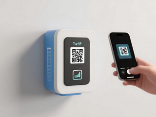 Mobile phone scanning a QR code for a top-up transaction on a wall-mounted device, modern technology, for a cashless payment