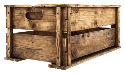 Vintage Wooden Crate with Metal Hinges - Isolated Rustic Storage Box on Transparent Background for Product Design, E-commerce, and Vintage Themed Projects