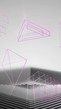 Animation of 3d geometric shapes over black and grey pyramid of concentric lines on grey background