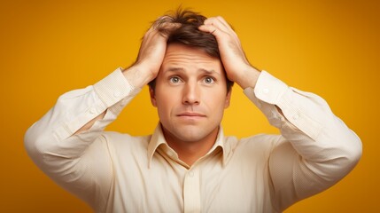 Man showing distress and confusion under bright yellow background in a stressful moment