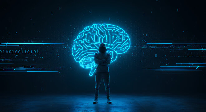 AI Hacker: Mind Control & Cyber Security Threat. Illuminating Brain, Dark Figure. Future Tech Intrusion, Data Breach, Artificial Intelligence Power