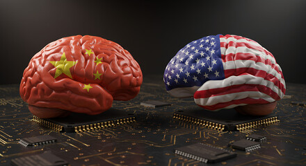 USA vs. China: AI Brain Race on Microchips - Technology, Innovation, Competition, and Global Intelligence Rivalry Visualized