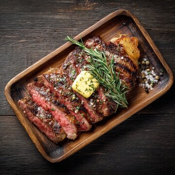 Sliced grilled steak with rosemary and butter on a wooden tray