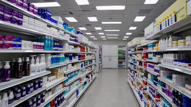 Navigating a bright pharmacy aisle with diverse product selection in modern retail environment