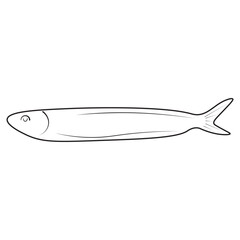 Simple line art of an anchovy fish, ideal for seafood menus, marine biology visuals, educational charts, fishing guides, or culinary illustrations in vector style.