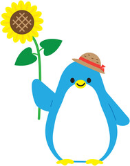 	麦わら帽子をかぶったペンギンがヒマワリを持つ