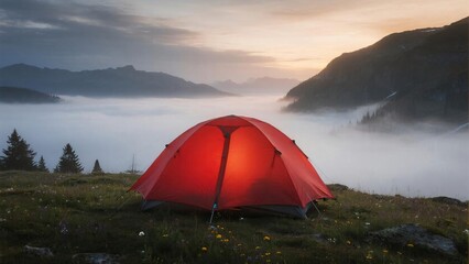 Obraz premium Red Dome Tent on Mountaintop Sunrise Foggy Valley Landscape