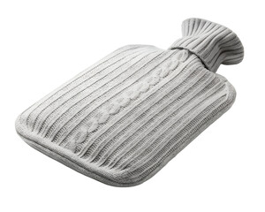 A gray hot water bottle with knitted cover isolated on transparent background