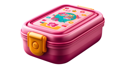 High quality, realistic photo of Kids lunchbox with compartments and cartoon design, isolated on transparent background, product photography style