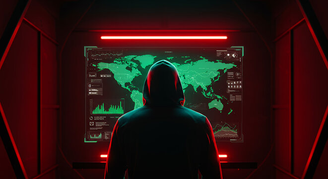 Hacker World Domination: Cyber Threat Map, Dark Room Intrigue, Global Data Breach, Anonymous Intruder, Digital Conspiracy Visual