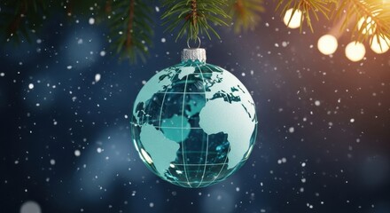 Fototapeta premium Global Holiday Cheer Ornament Hanging on a Snowy Christmas Tree