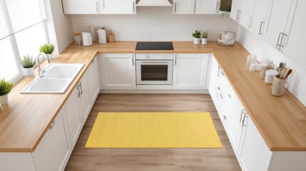 Modern kitchen interior featuring bright yellow rug on wooden floor, white cabinets, and natural light creating a warm and inviting atmosphere