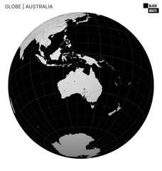 Naklejka premium Vector Globe centered to Australia. Black White palette. World map with meridians, parallels, countries, rivers and lakes. Beautiful vector illustration.