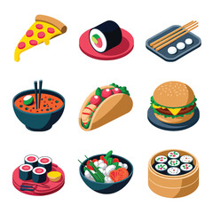vector icons cooking food chef hat include a pizza slice, a sushi roll, spaghetti and meatballs, a curry bowl burger , fish 
