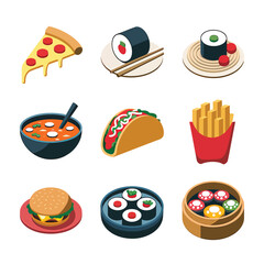 vector icons cooking food chef hat include a pizza slice, a sushi roll, spaghetti and meatballs, a curry bowl burger , fish 
