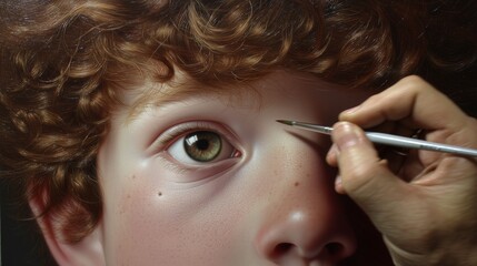 Obraz premium Close-up of an artist painting a detailed eye on a realistic portrait of a boy in a studio