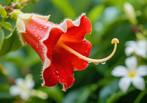 Trochetia boutoniana flower bloom with rain droplets, close-up shot of Mauritius national flower. Use in travel guides, botanical posters, nature blogs, and conservation campaigns.