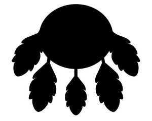 Monochrome silhouette of a stylized dream catcher with feathers and circle