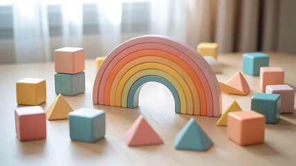 Pastel wooden rainbow and blocks on wooden floor cubes