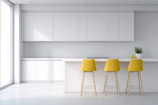 Modern kitchen interior featuring sleek white cabinetry and bright yellow stools, creating a vibrant and inviting atmosphere for culinary activities