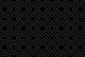 Ethnic patterned black background, cover design, banner, wallpaper. Geometric original boho 3d pattern, embossing. Tribal ornaments, arabesques, mandala, fresco of the East, Asia, India, Mexico, Aztec