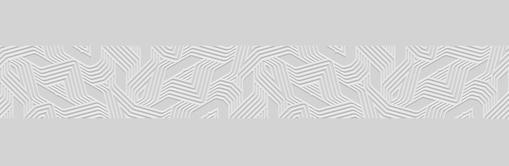 Banner, patterned cover design, wallpaper. Geometric ethnic abstract pattern on white background, embossing. 3D tribal ornaments, arabesques, mandala, fresco, painting of the East, Asia, India, Mexico