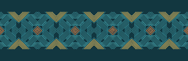 Banner, patterned cover design, wallpaper. Geometric ethnic linear pattern on blue background, embossing. 3D tribal ornaments, arabesques, mandala, fresco, painting of the East, Asia, India, Mexico