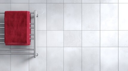 Red towel neatly arranged on a silver rack against a clean, modern tiled wall, creating a serene and organized bathroom atmosphere