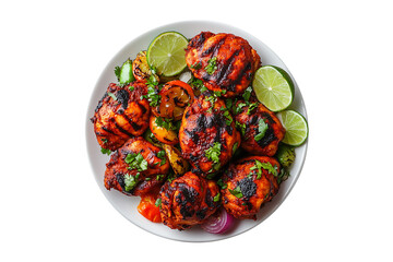 Tasty Tandoori Chicken Plate with Vegetables Isolated on Transparent Background