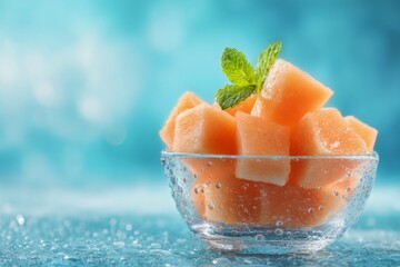 Papaya cubes in glass bowl with mint on pastel blue background