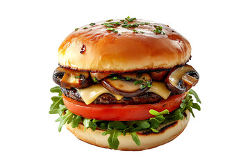 Mushroom Swiss Burger with Melted Cheese and Bun Isolated on Transparent Background