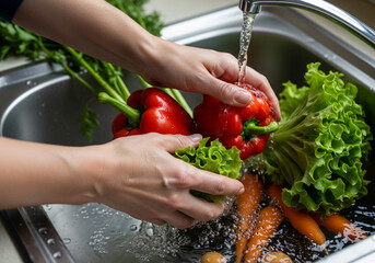 Washing the greens: Fresh lettuce and kale being cleaned under a stream of water in a kitchen sink, ready for a salad or cooking.
