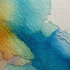 Abstract painting with textured blue, green, and yellow hues. The colors blend seamlessly, creating a calming and serene atmosphere.