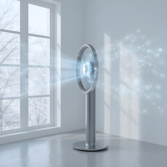 Modern Frosted Glass Fan with Blue Glow and Icy Vapor in Minimal Room