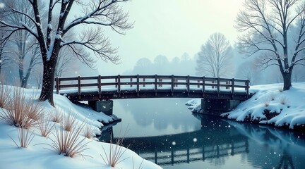 Serene Winter Landscape Featuring a Wooden Footbridge Over a Calm Stream, Snow-Covered Banks, and Bare Trees Under a Falling Snow
