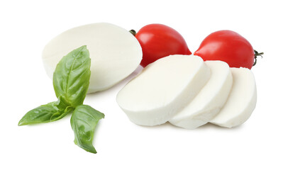 Tasty mozzarella, tomatoes and basil on white background