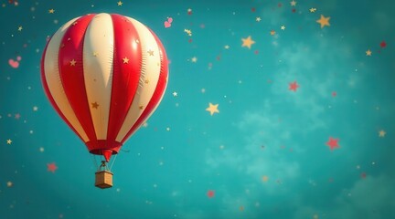Obraz premium A Festive Hot Air Balloon Ascends Amidst a Shower of Stars and Hearts in a Dreamy Sky