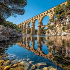 Fototapeta premium Ancient Roman aqueduct reflected in calm water on a beautiful day