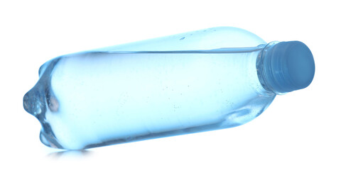 Plastic bottle with clean water in air on white background