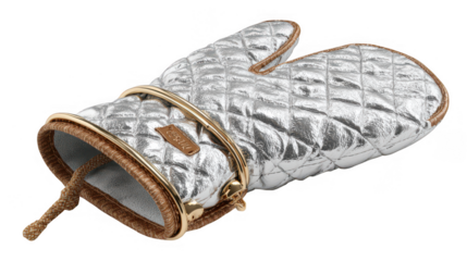 Silver quilted oven mitt with gold trim on transparent background