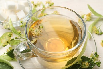 Fresh linden tea in cup, sugar cubes and flowers on white wooden table, closeup