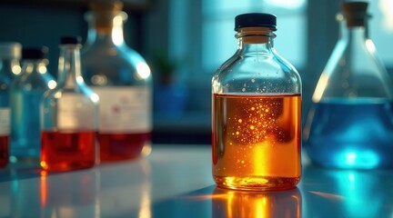 Illuminated amber liquid in a glass bottle, surrounded by various colored liquids in different glass containers, on a reflective surface in a laboratory setting.