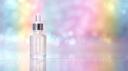 A full bottle of glittering facial serum and an elegant dropper cap stand against a soft rainbow backdrop, creating a dreamy and luxurious atmosphere for a beauty product advertisement.