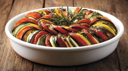 Colorful Vegetable Medley Dish Arranged with Fresh Herbs on Wooden Table Surface