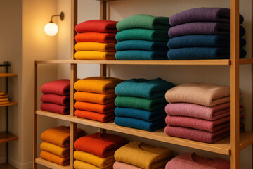 Colorful knitwear displaying on wooden shelves in clothing store