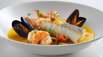 Exquisite Hyper-Realistic Seafood Dish with Shrimp, Fish, and Mussels in a Gourmet Presentation