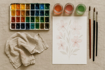Artist painting pink and green flowers with watercolor set and brushes