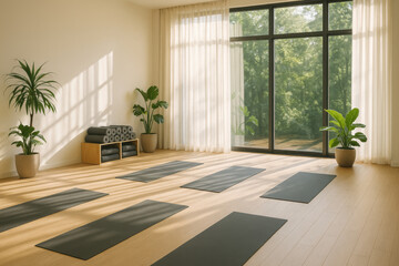 Yoga studio with mats and green plants enjoying sunlight