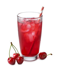 Tasty cherry soda water with ice cubes and berries isolated on white