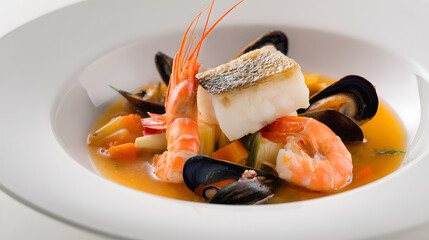 Exquisite Shrimp and Fish Dish with Mussels and Colorful Vegetables in Elegant Presentation